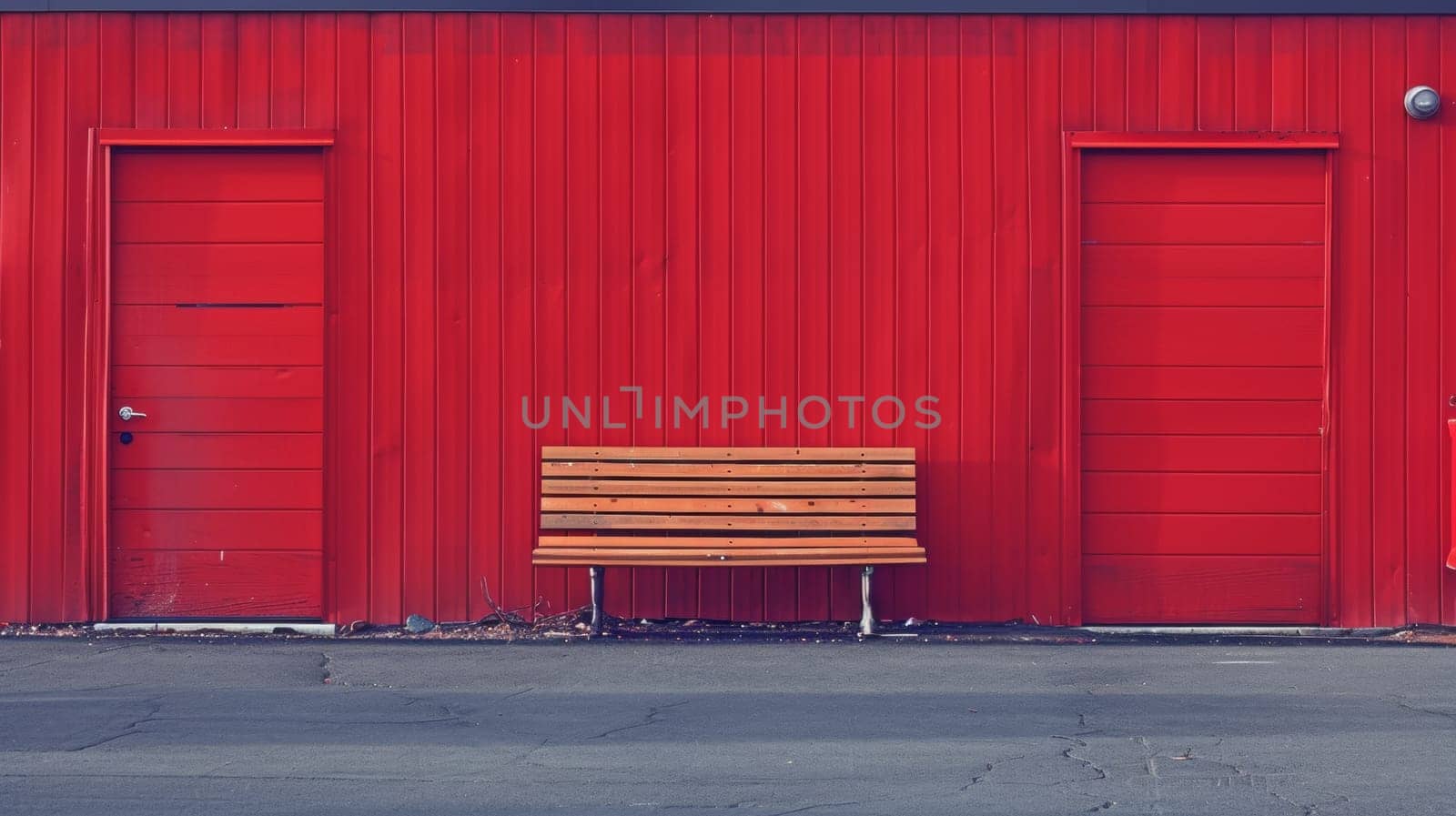 A wooden bench sitting in front of two red doors