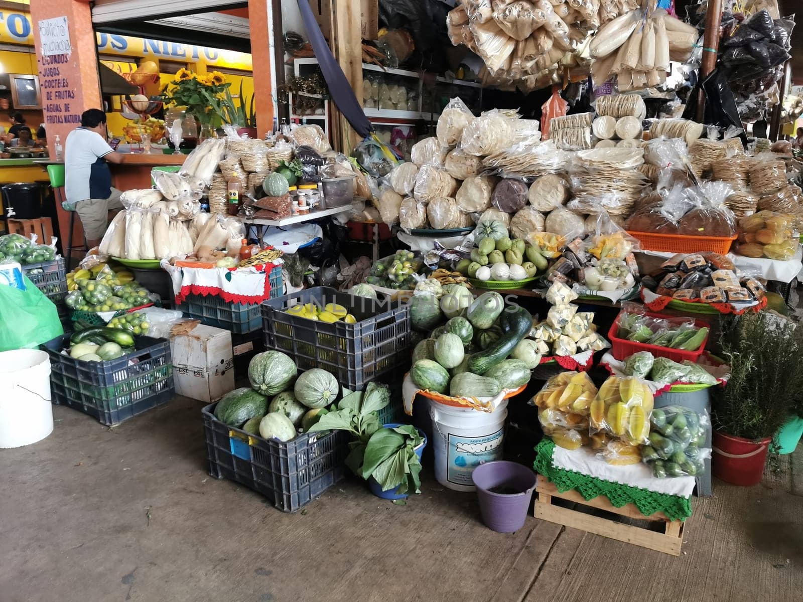 Fresh vegetables Fruit and salad Greens Herbs at the mexican market in Zicatela Puerto Escondido Oaxaca Mexico.