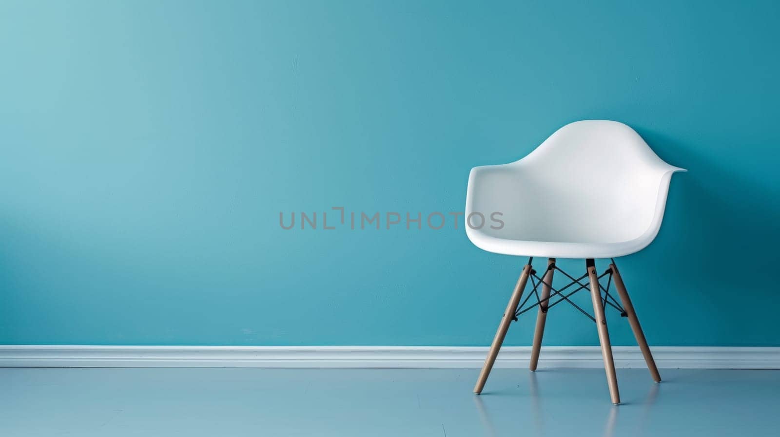 A white chair against a blue wall with wood legs