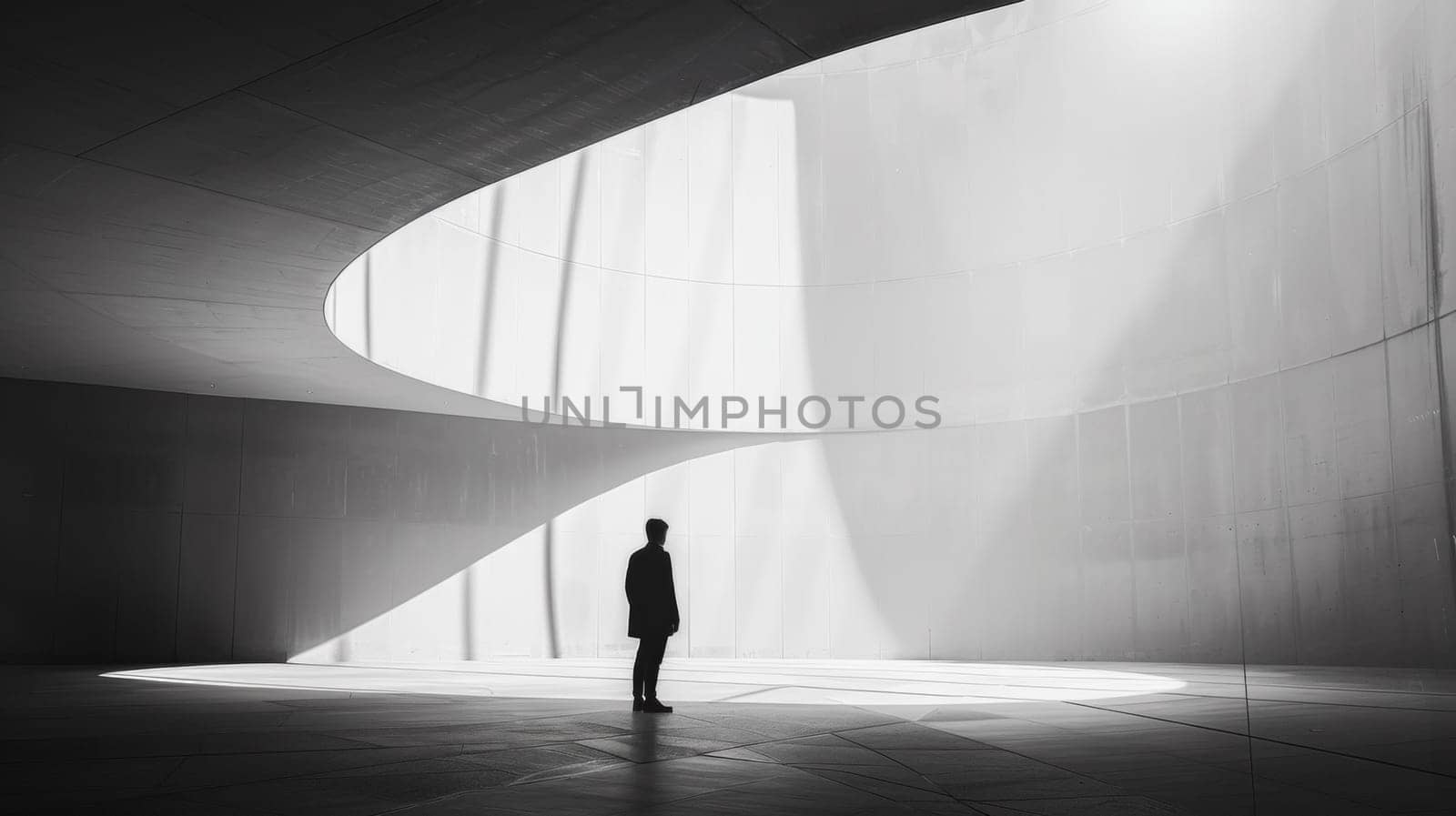 A man standing in a large room with light coming from the ceiling