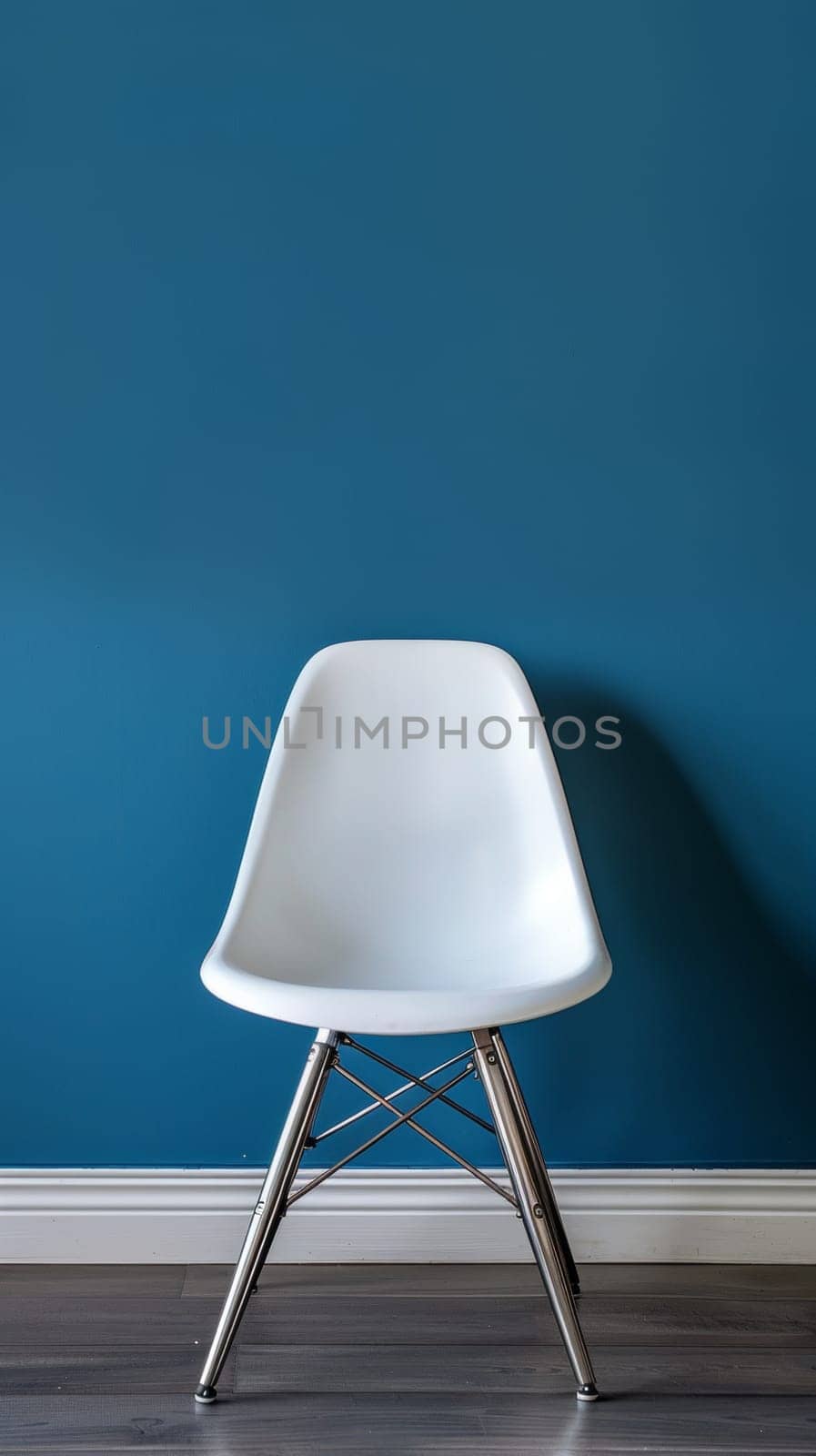 A white chair with a metal stand against the wall