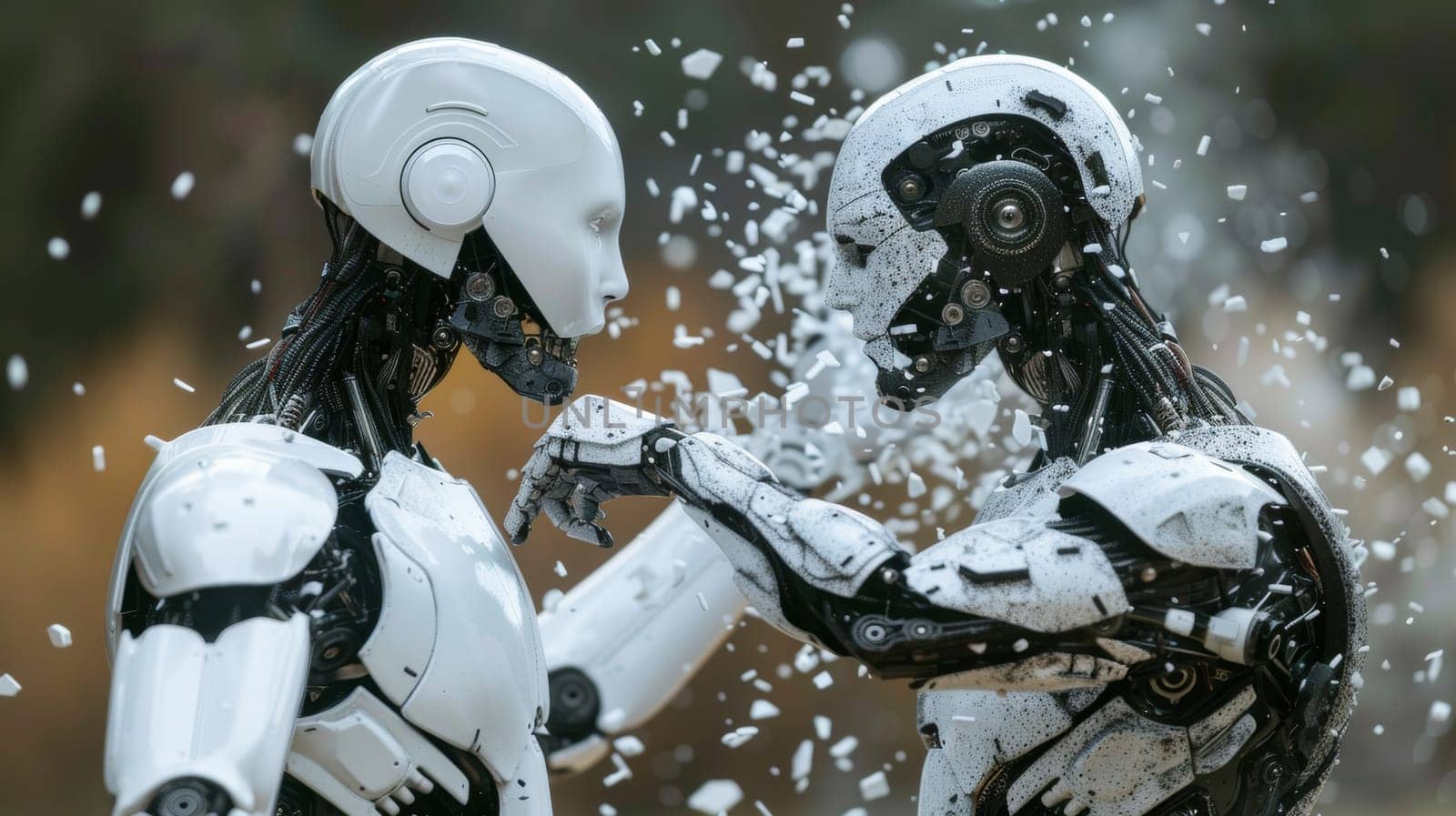 Two robots are fighting each other with snow falling around them