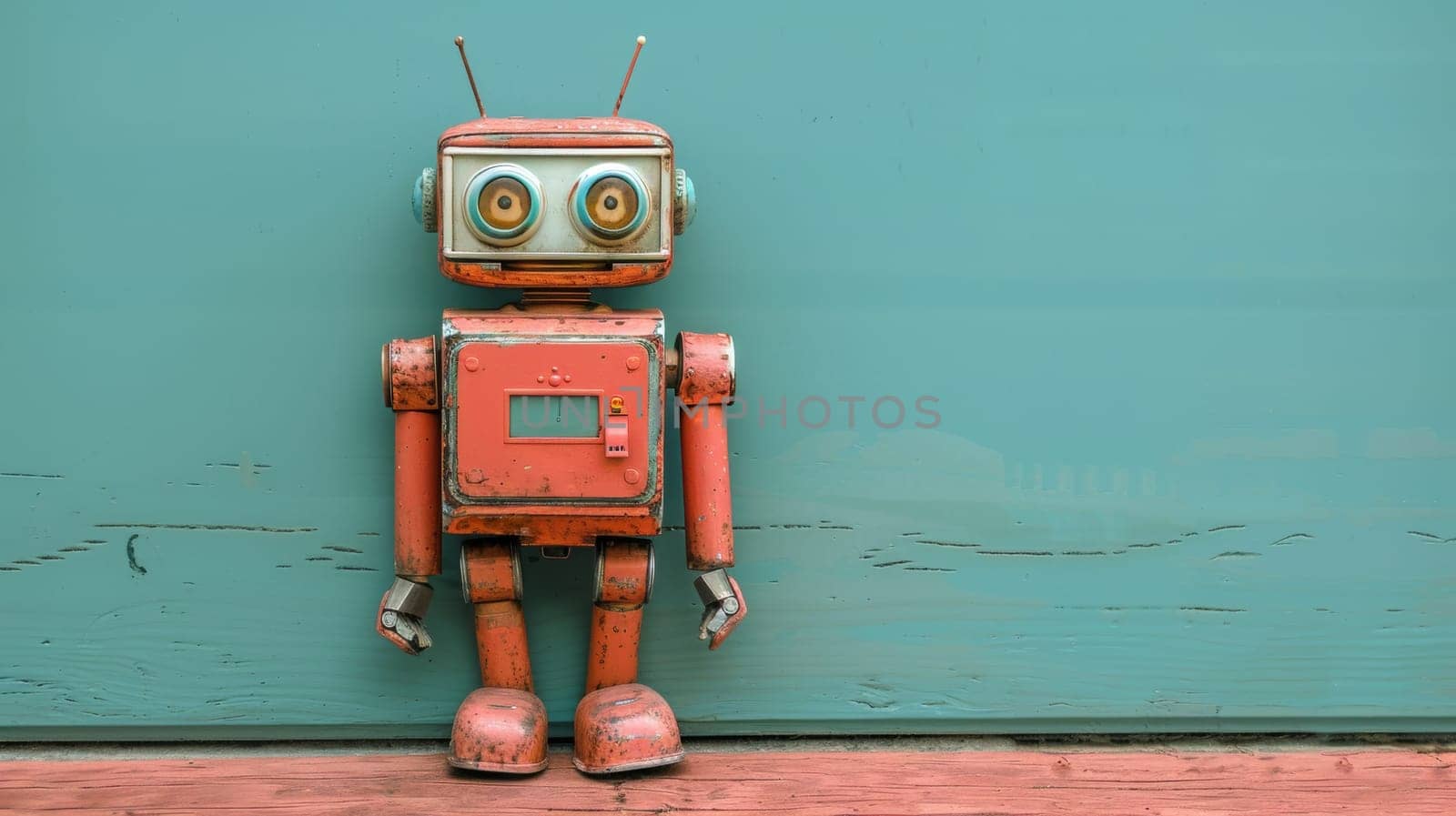 A red robot with big eyes standing against a blue wall