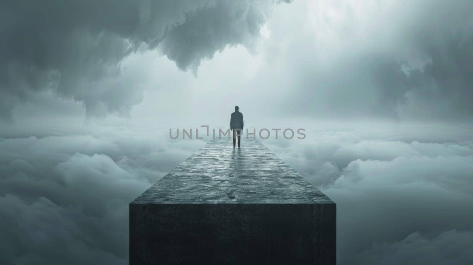 A man standing on a platform in the middle of clouds