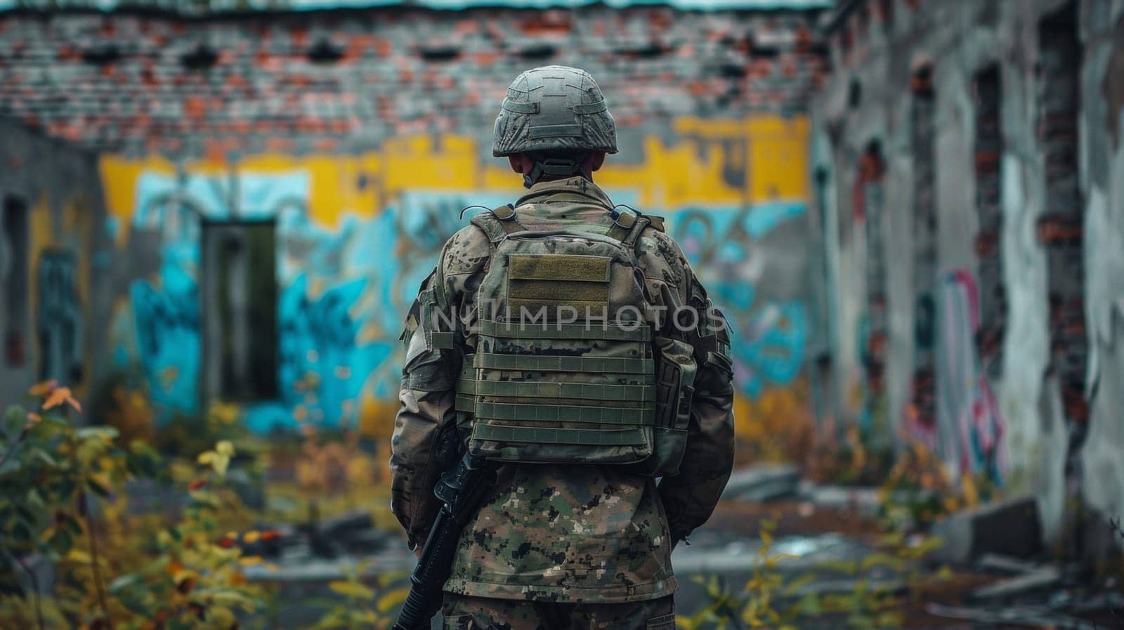 A soldier in camouflage standing near a building with graffiti on it