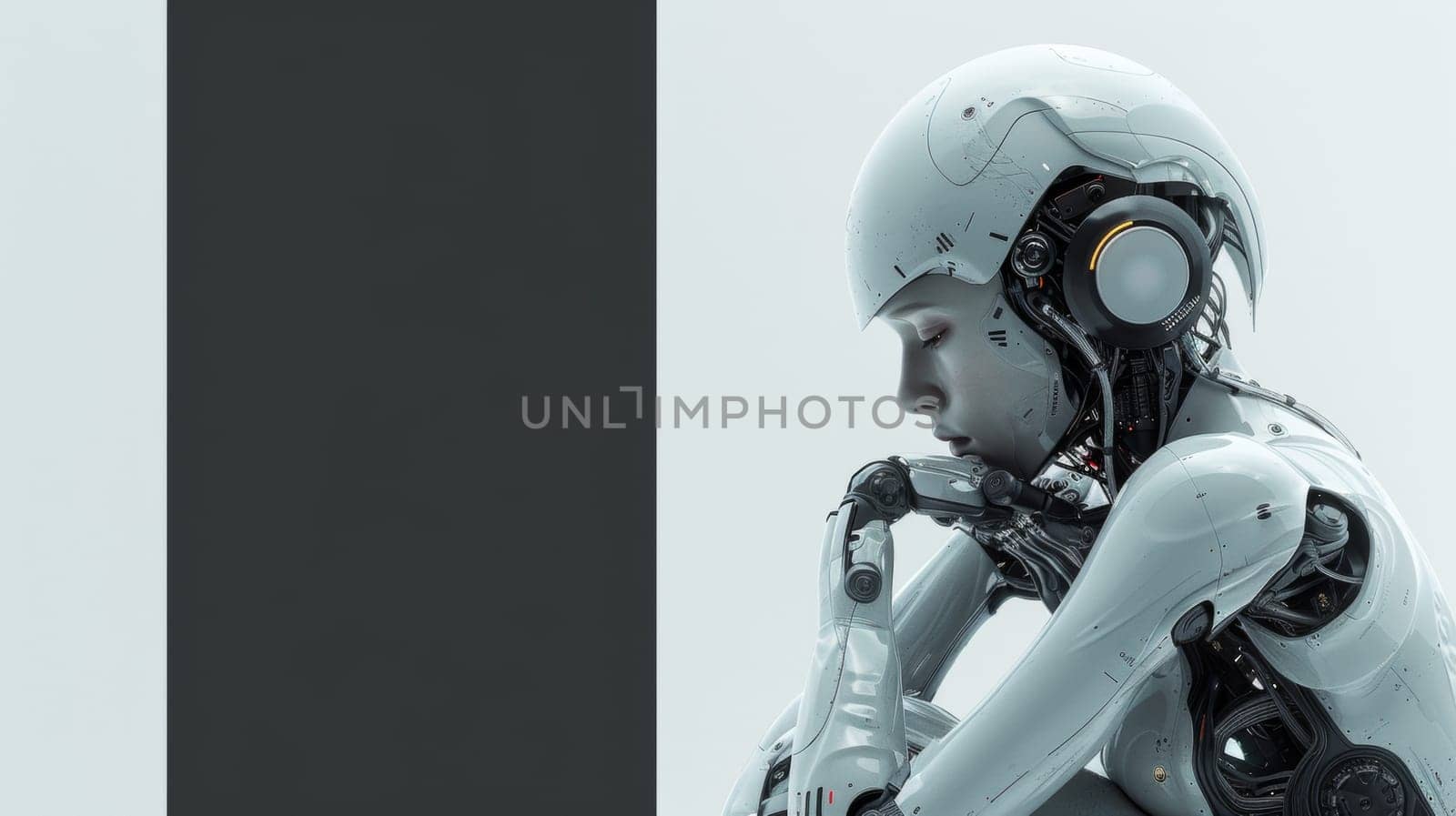 A robot with headphones and a black background sitting on the ground