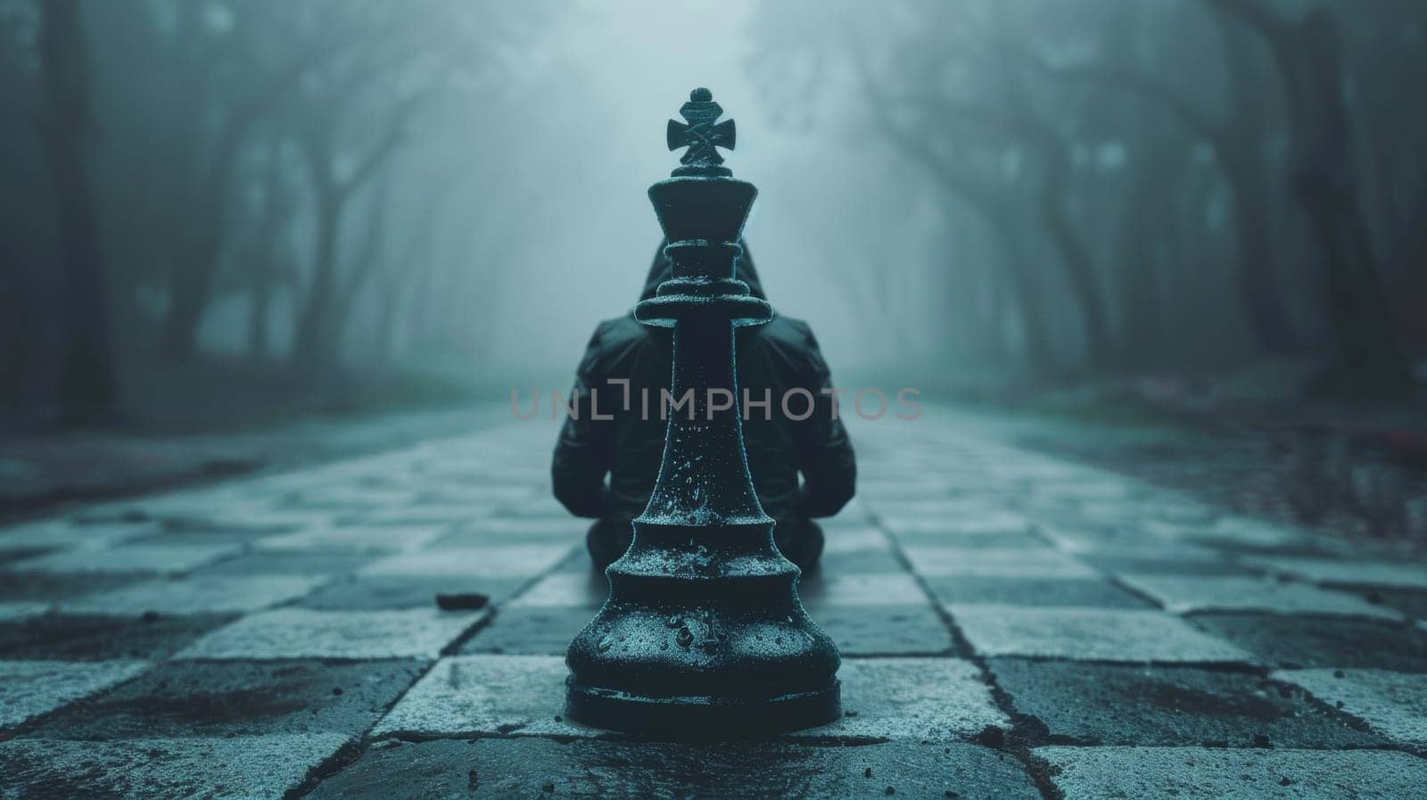 A person sitting on a chess board in the middle of an empty road