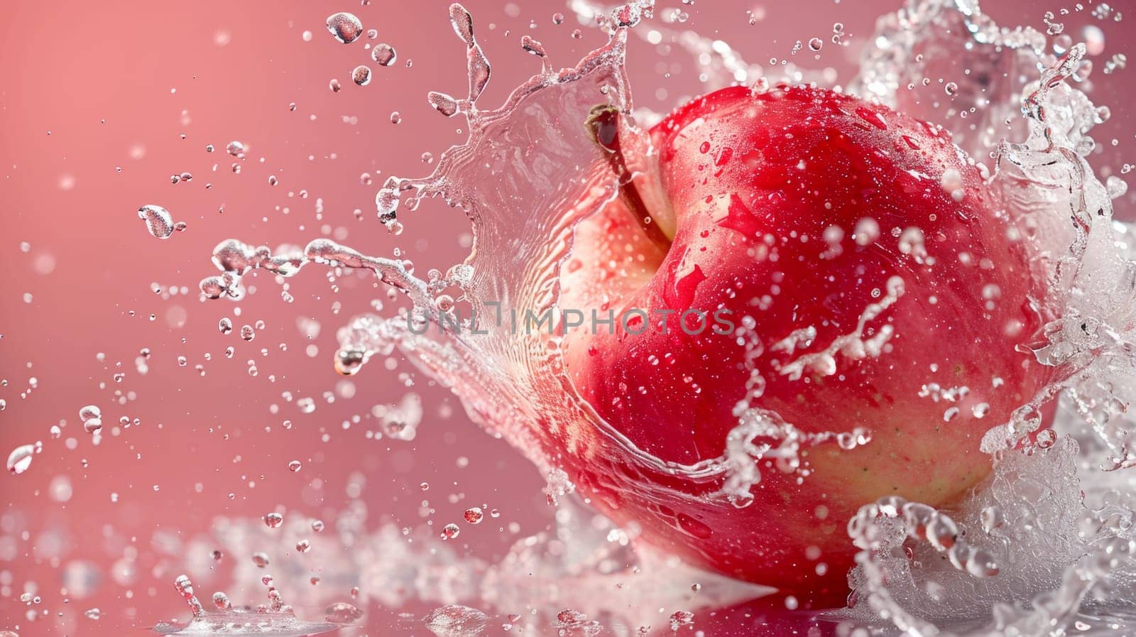 A red apple is being splashed with water on a pink background