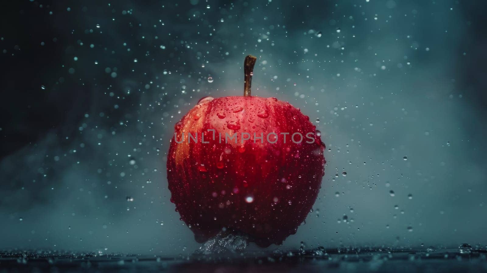 A red apple with water droplets on it sitting in a puddle
