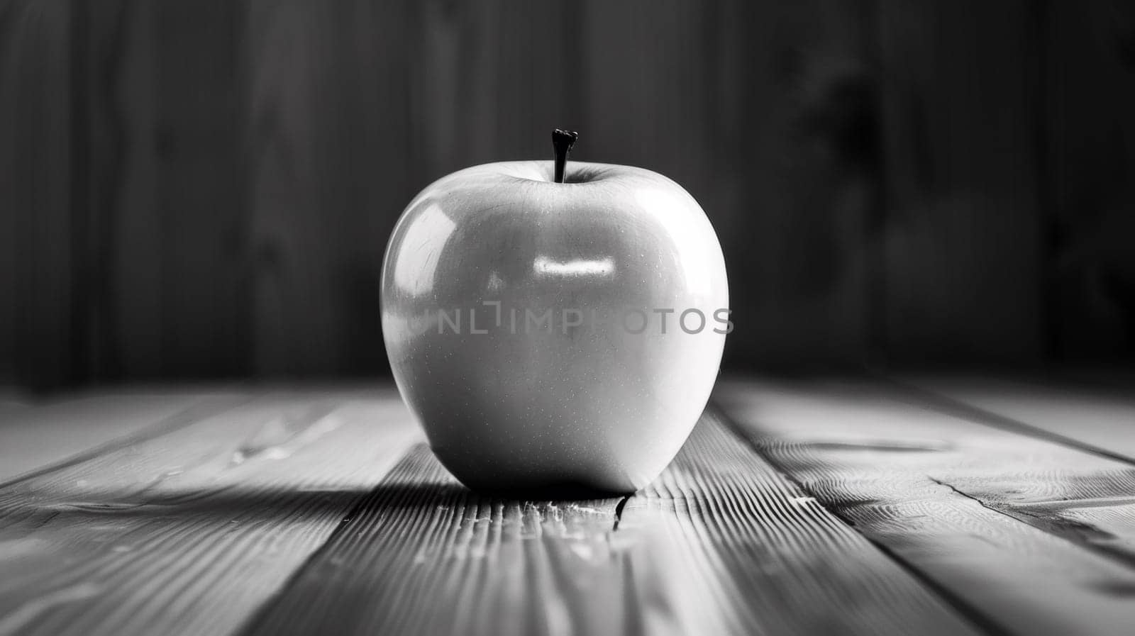A black and white photo of an apple on a wooden table