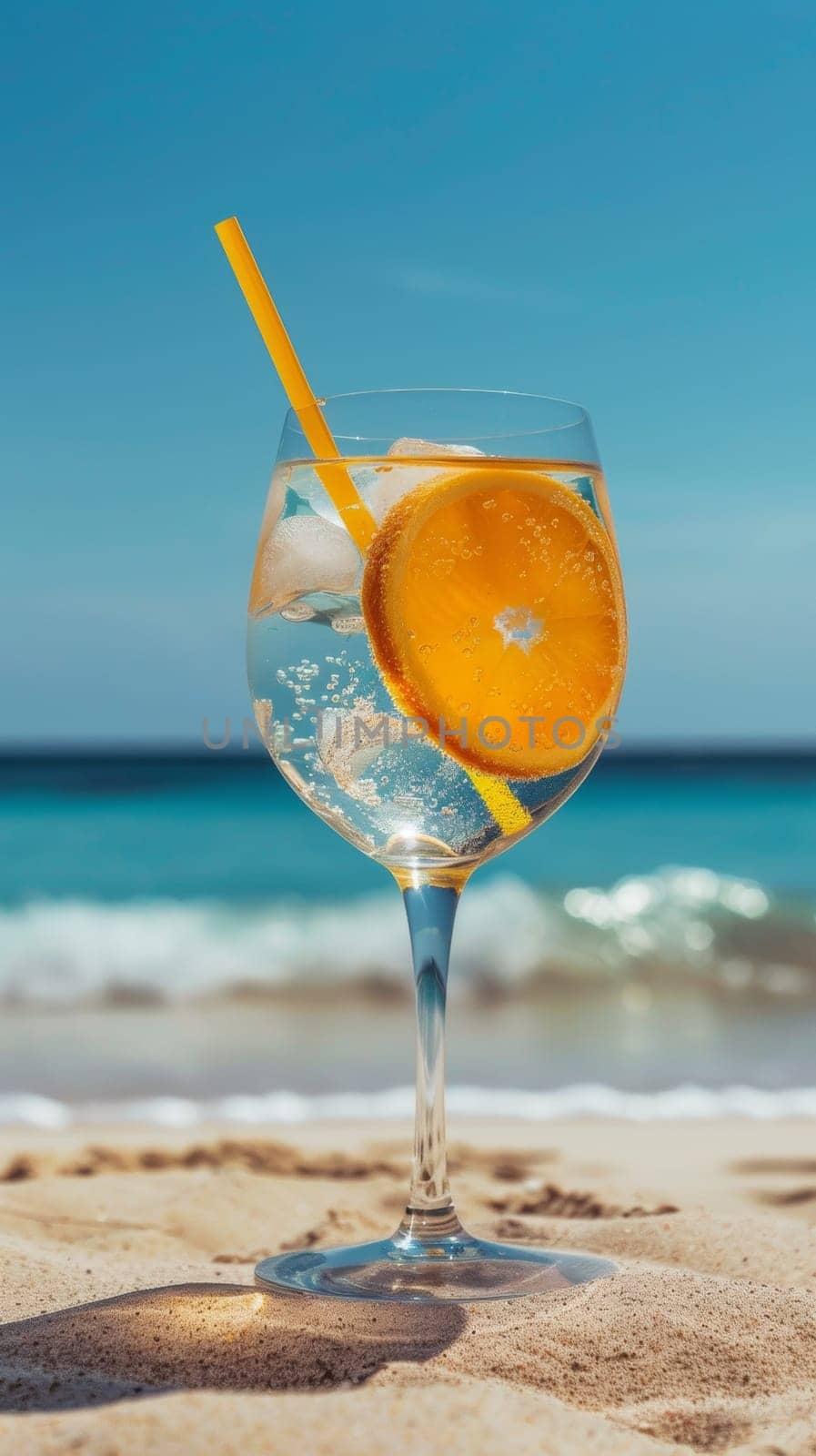 A glass of a drink with an orange slice on the beach