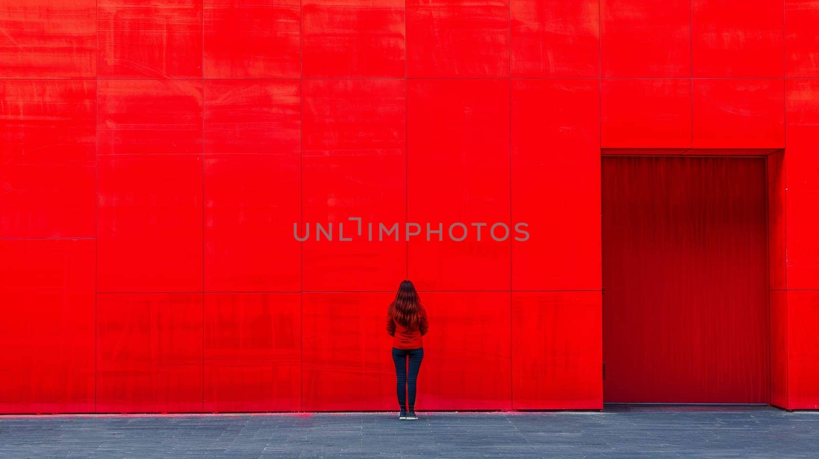 A woman standing in front of a red wall with her back to it