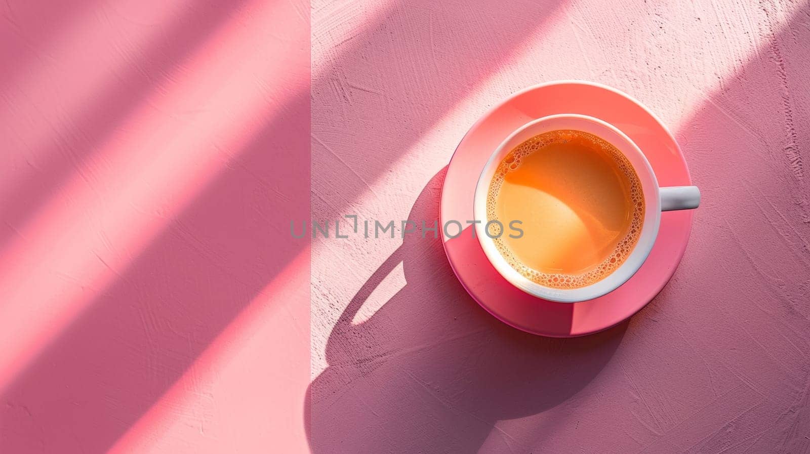 A cup of coffee on a pink plate with sunlight coming through the wall
