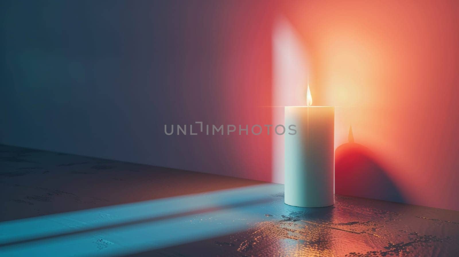 A single candle is lit on a table with the light shining through it