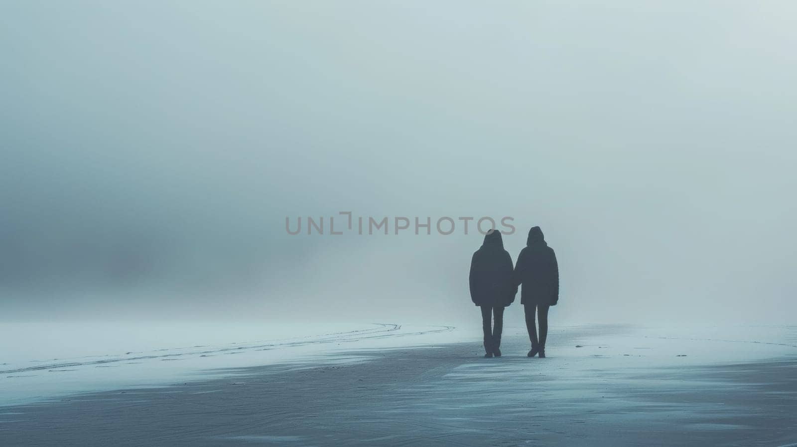 Two people walking on a snowy road with no cars in sight
