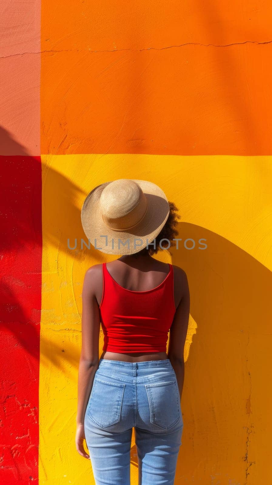 A woman in a red shirt and jeans laying on the ground