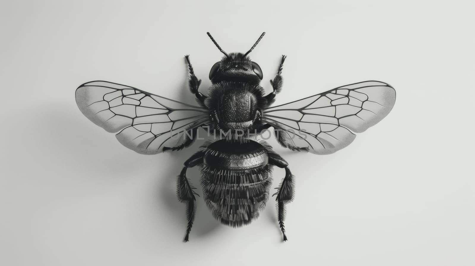 A black and white photo of a bee with wings