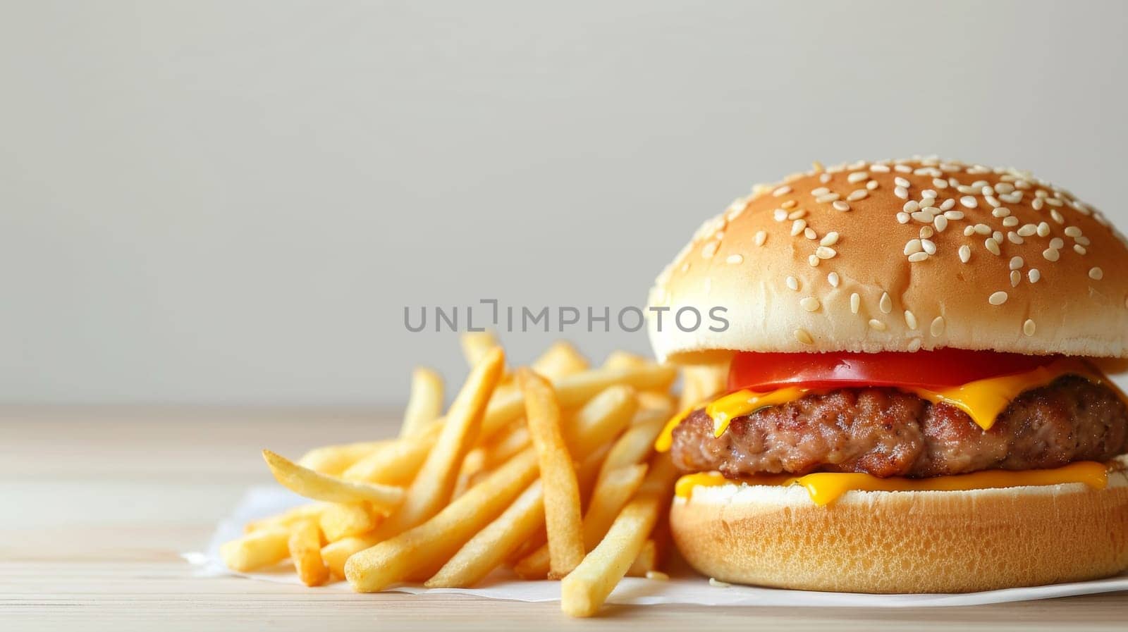 A hamburger with cheese and tomato sitting next to some french fries