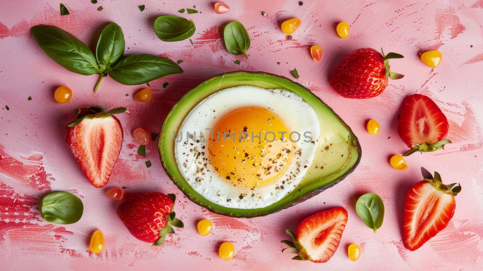 A close up of a plate with an egg in the middle surrounded by strawberries and other fruit