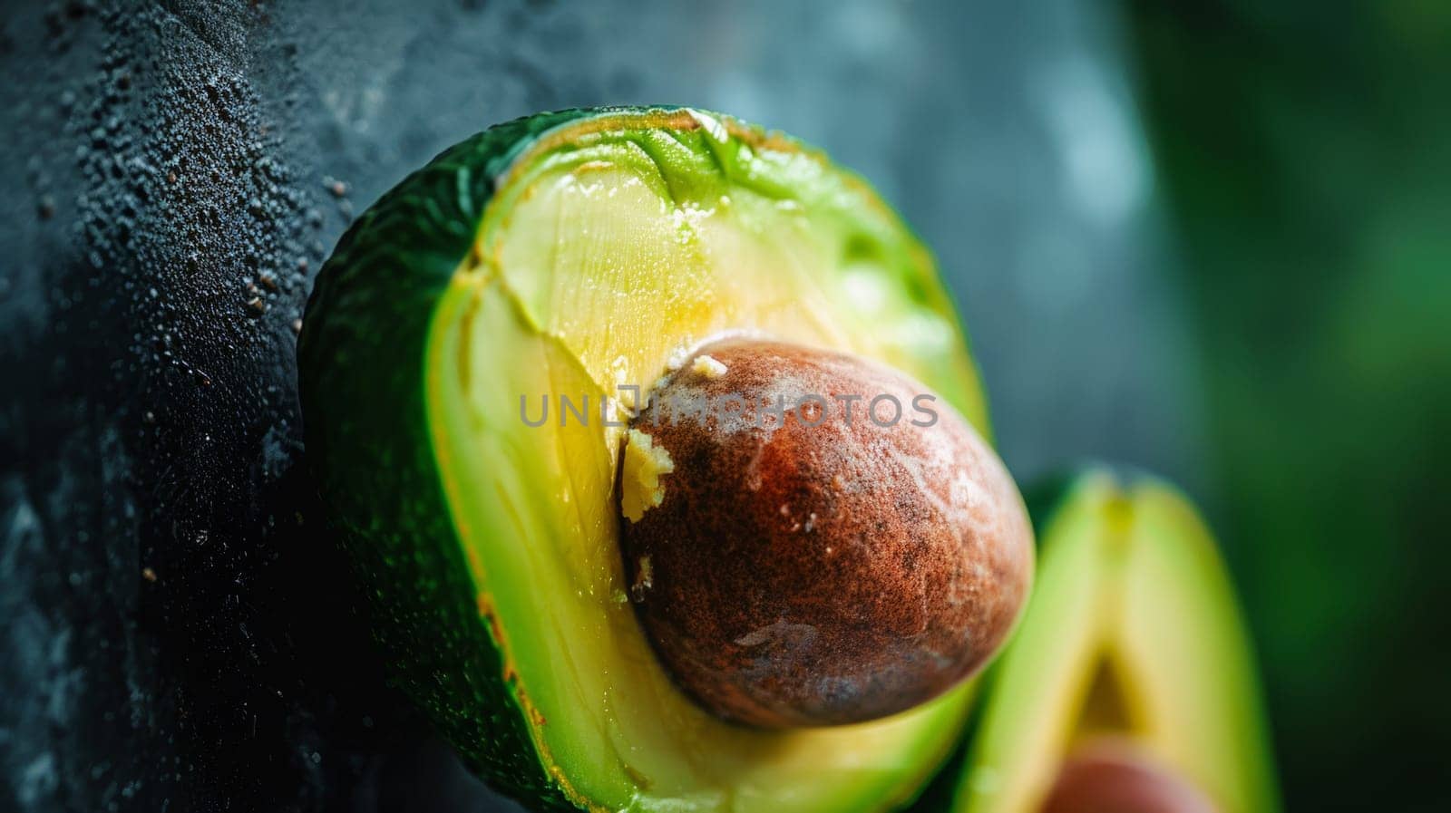 A close up of a half avocado with some water in it