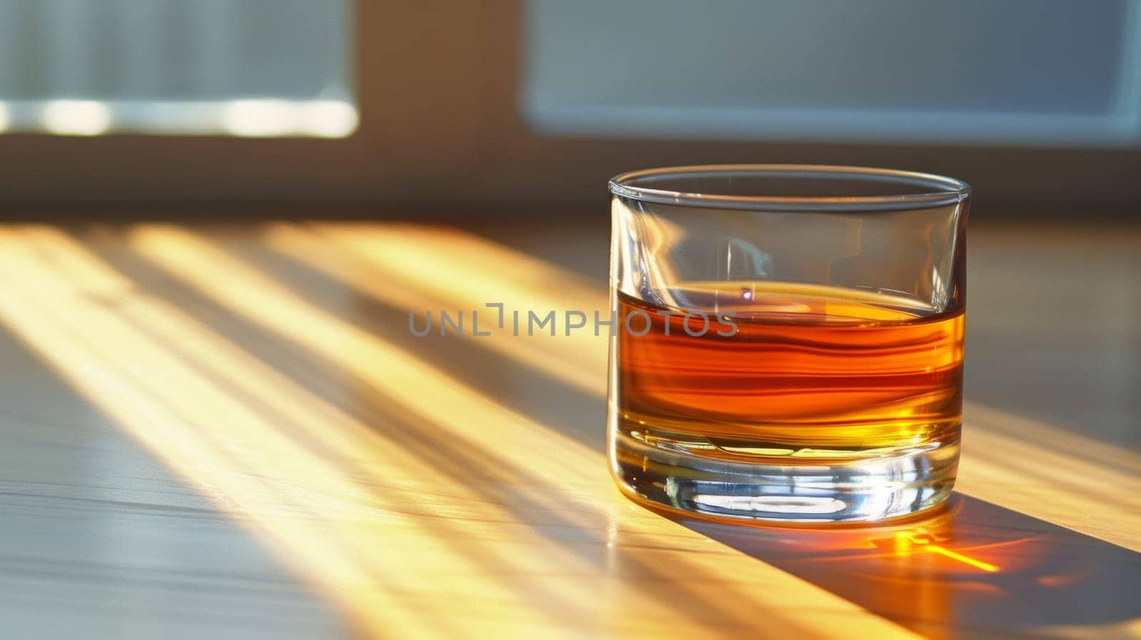 A glass of alcohol is sitting on a table in front of the window