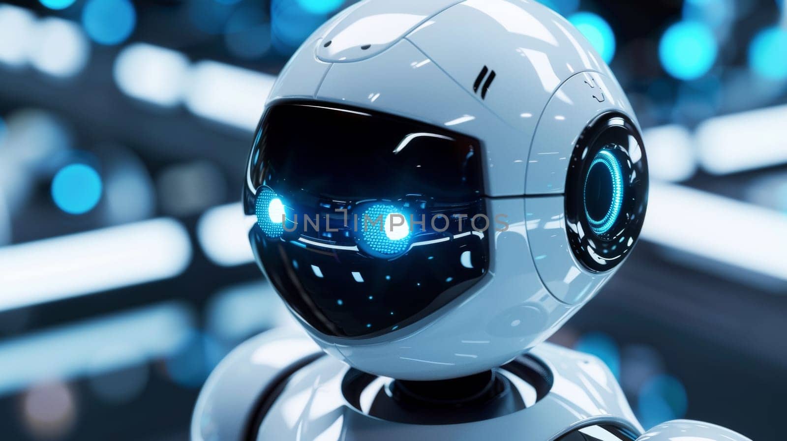 A close up of a robot with glowing eyes and blue lights