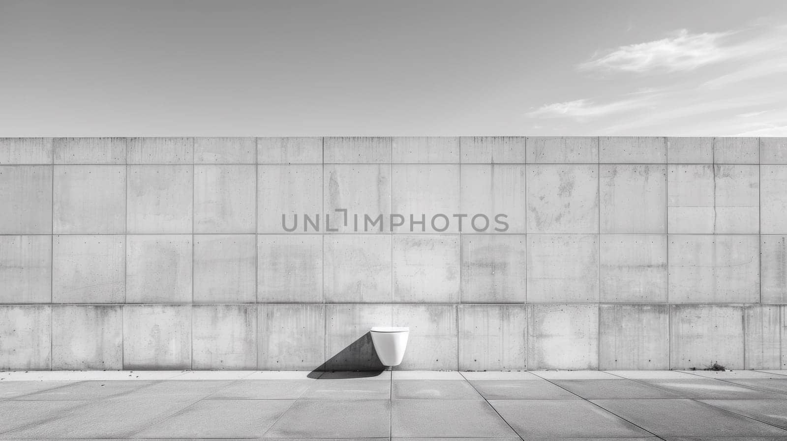 A white toilet sitting on a concrete wall next to the sky