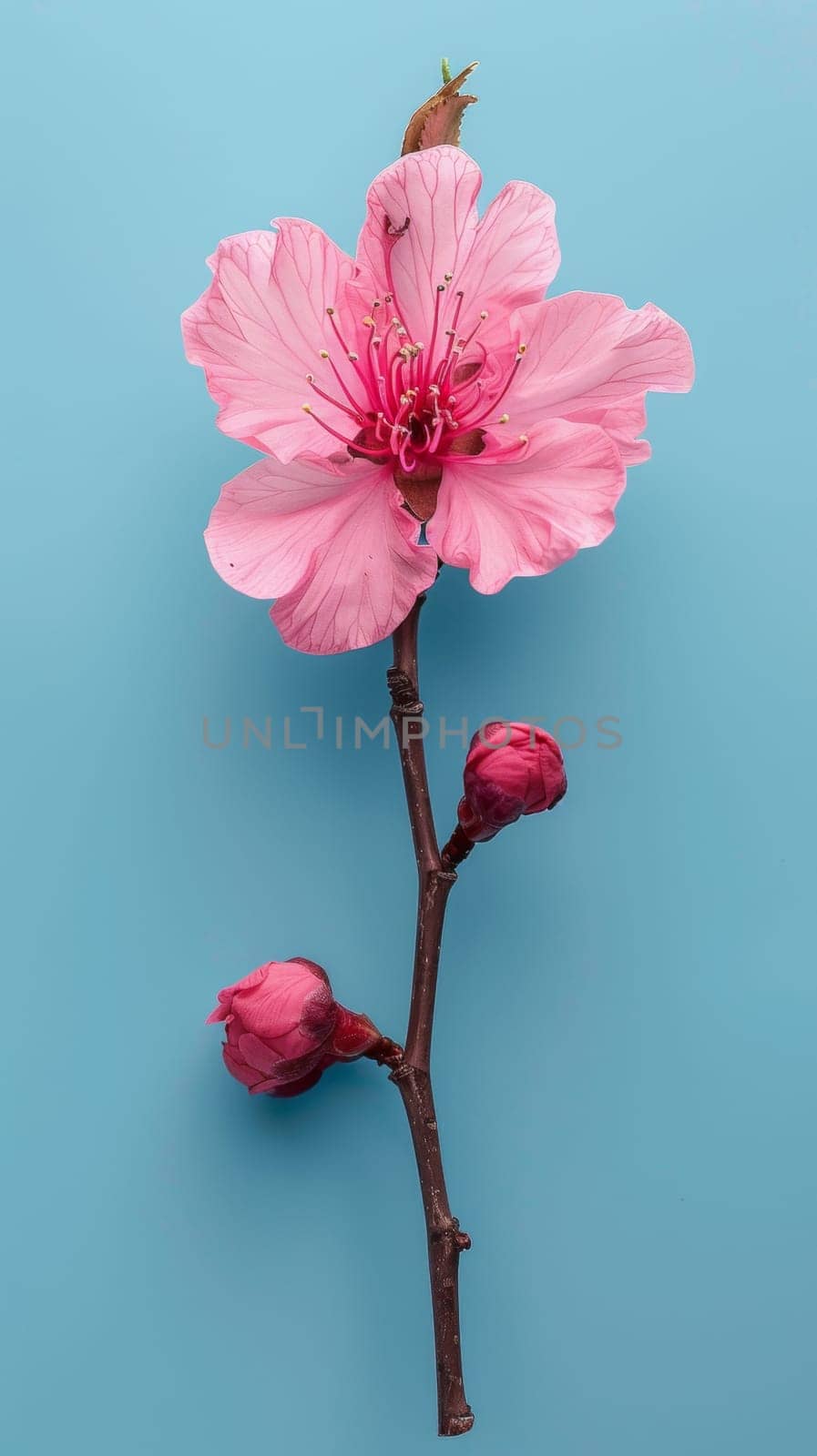 A pink flower on a branch with leaves and stem