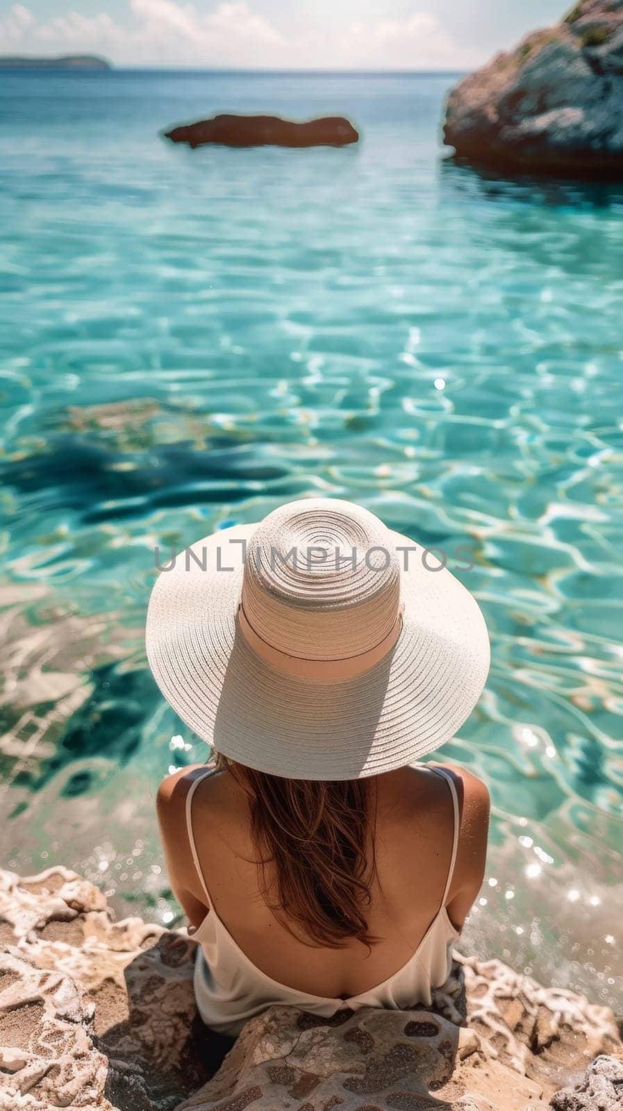 A woman in a white hat looking at the ocean from above