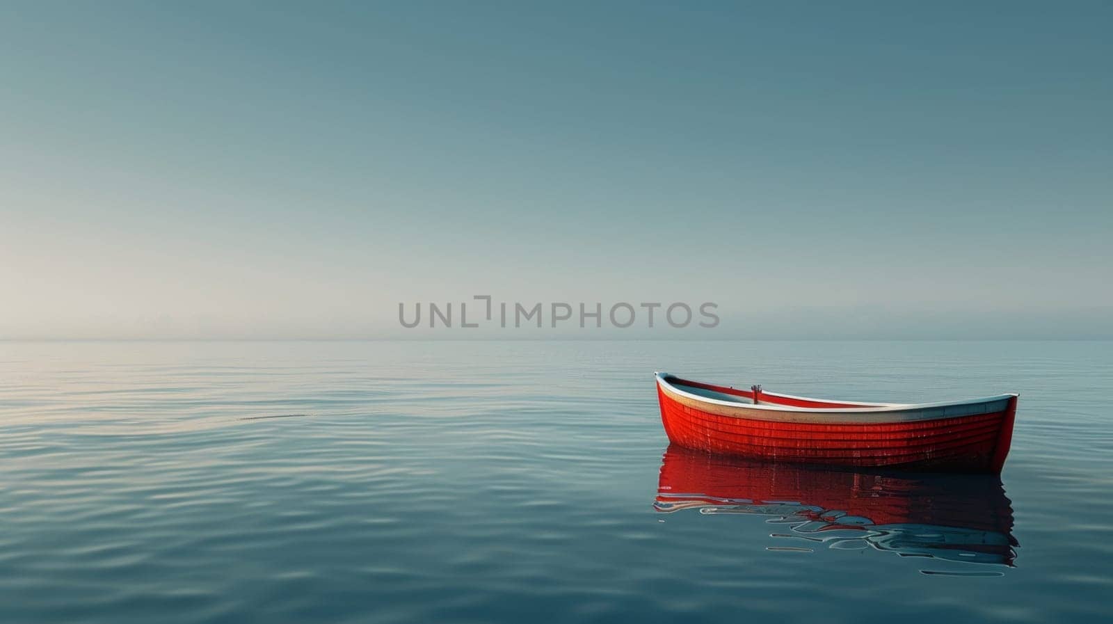 A small boat floating in the middle of a large body of water