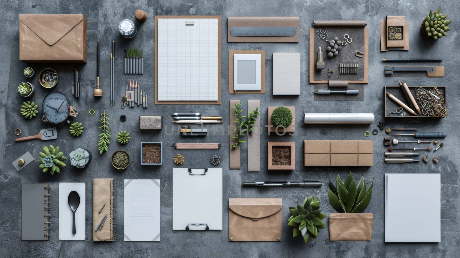 A collection of office supplies arranged on a table with plants