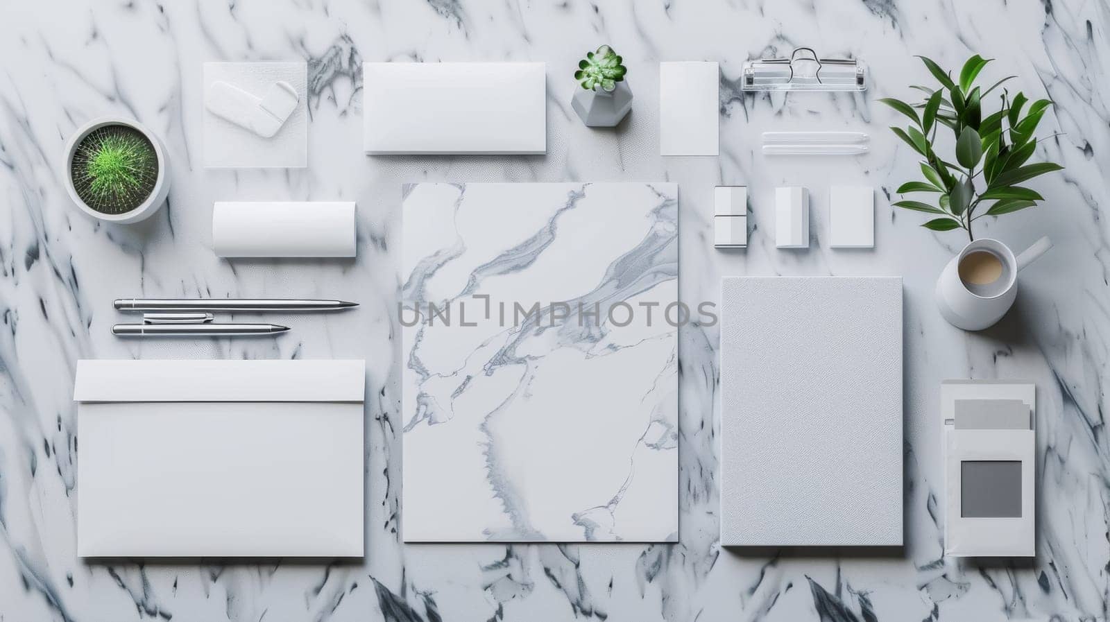 A marble countertop with a variety of business stationery items