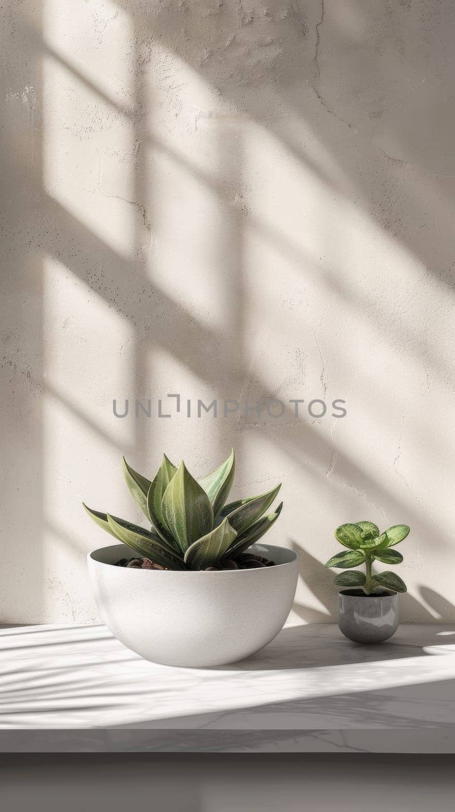 A white wall with a plant hanging from it's side