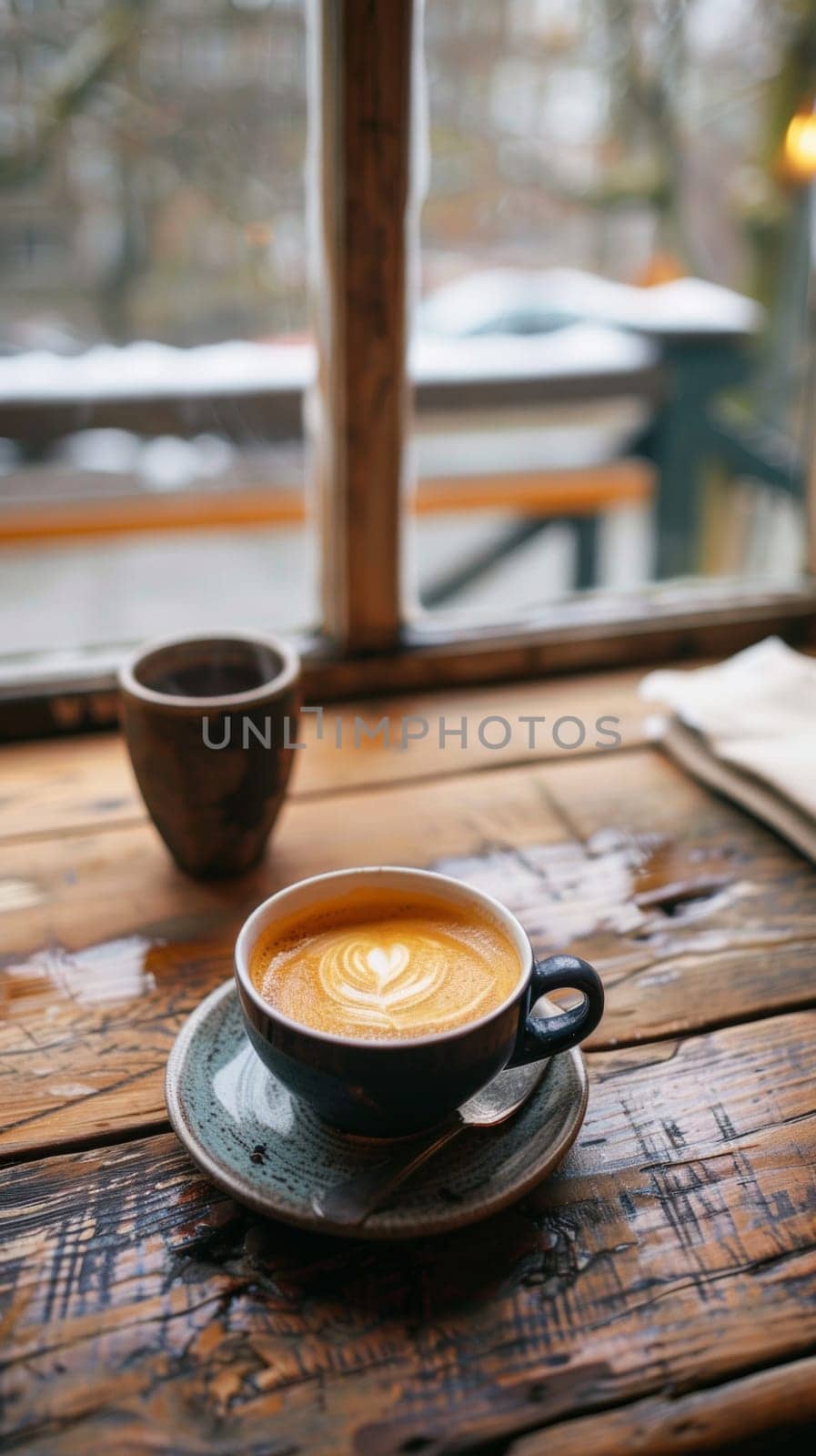 A cup of coffee is on a table next to two cups