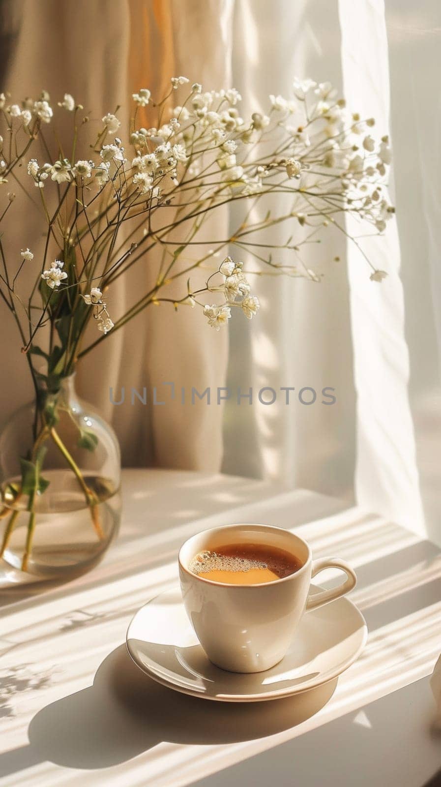 A cup of coffee on a table next to some flowers