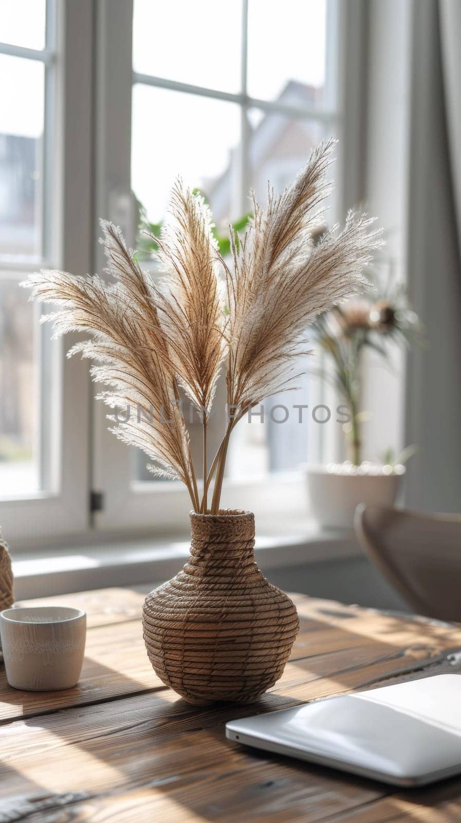 A vase with dried grass on a table next to an ipad