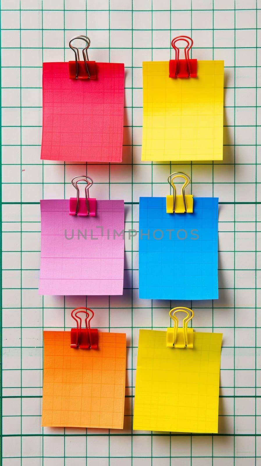 A row of colorful paper clips with different colored papers attached