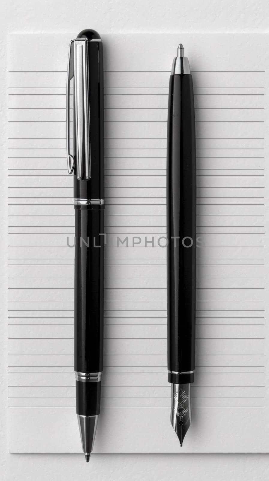 A black and silver fountain pen sitting on top of a lined piece of paper