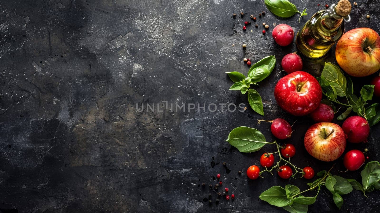 A bunch of apples and other fruits are on a table