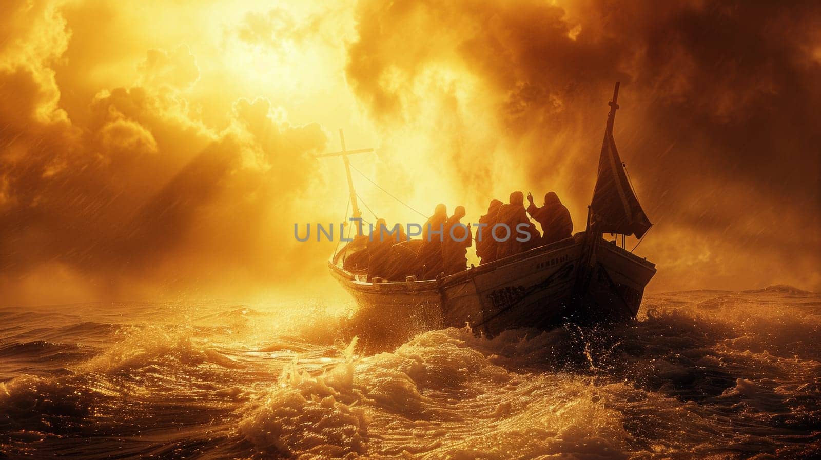 A boat with people on it in the ocean during a storm