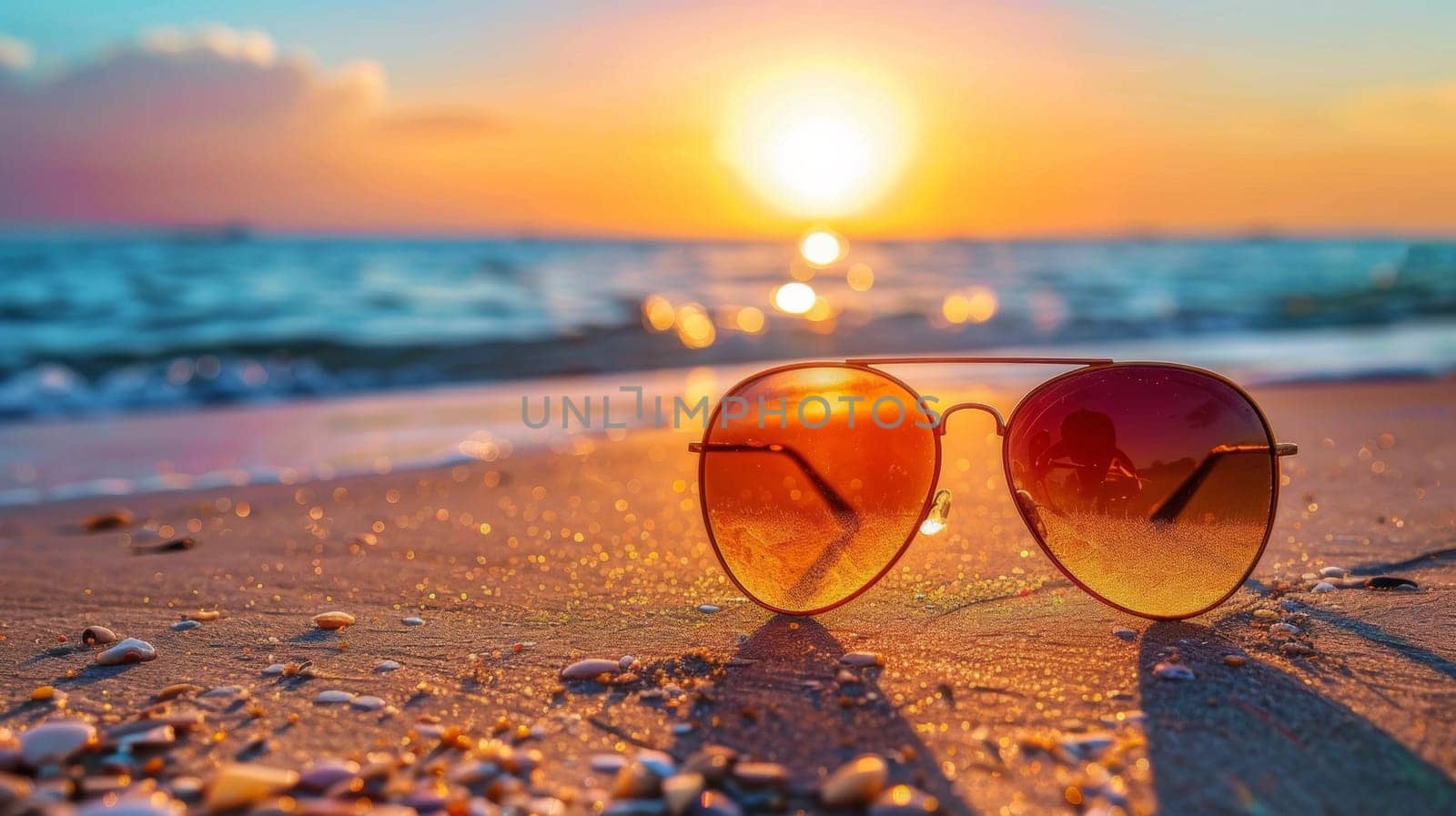 Sunglasses on the beach at sunset with a beautiful view of sand and water