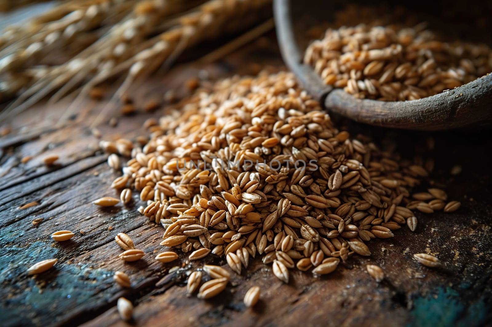 A pile of grain with ears on a wooden surface, top view.