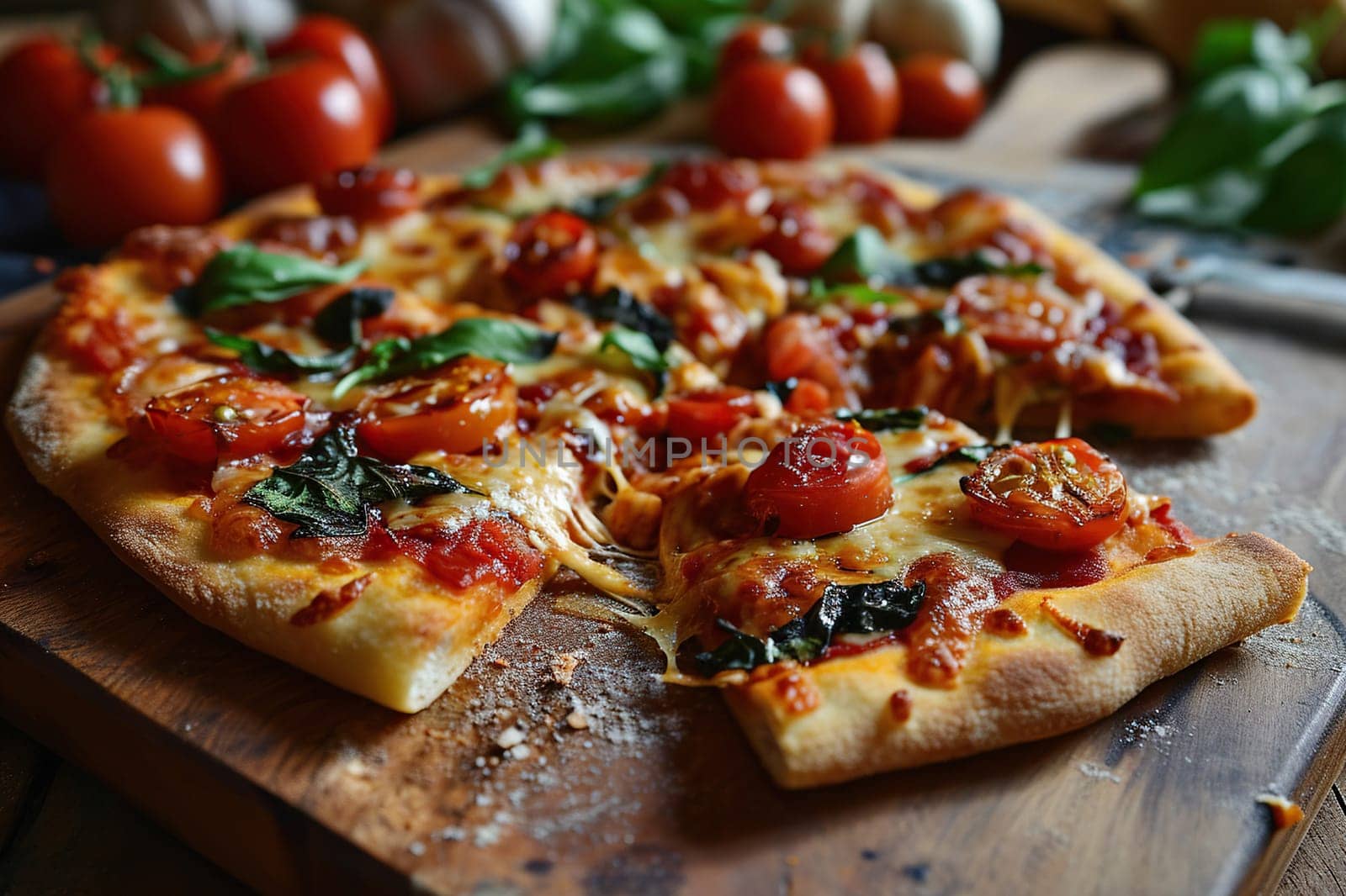 Large vegetarian pizza with cherry tomatoes and herbs on a wooden tray.