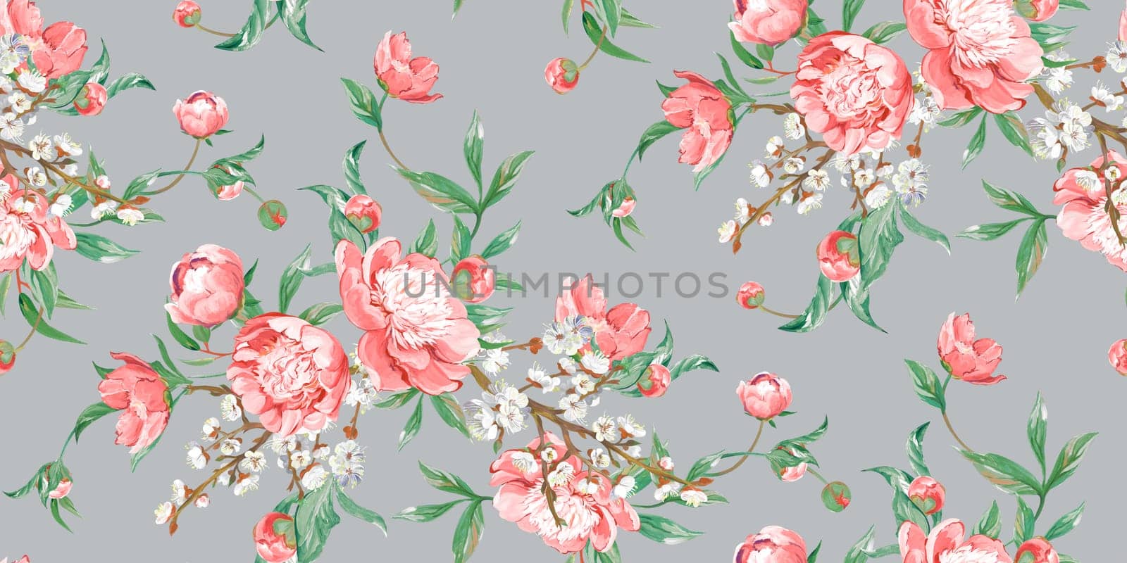 Seamless realistic pattern drawn with pink peonies in a classic oriental style