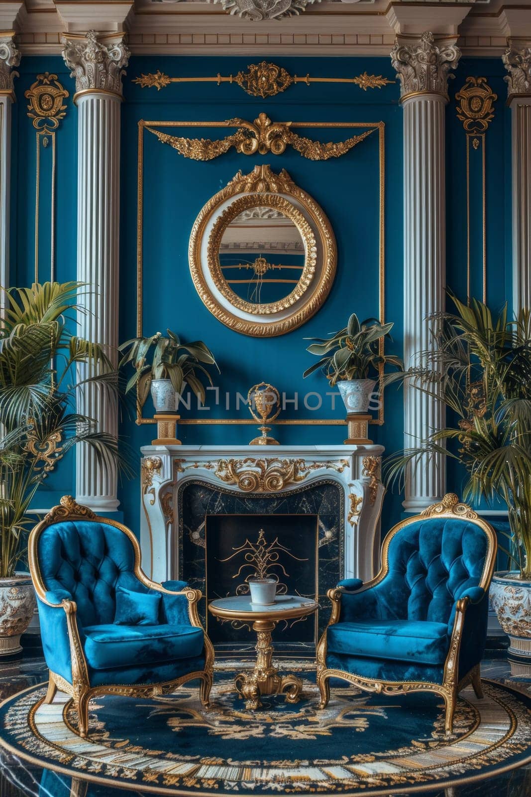 A fancy room with blue walls and chairs in it