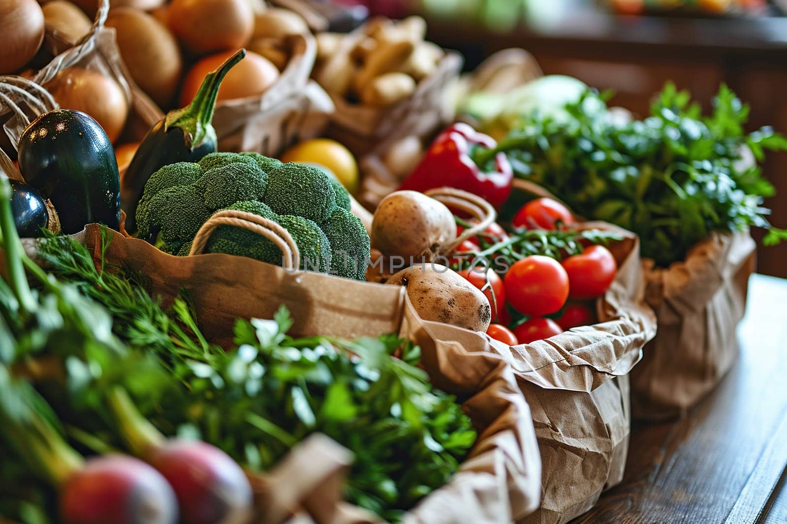 Ripe vegetables and herbs on a wooden counter at a vegetable market.