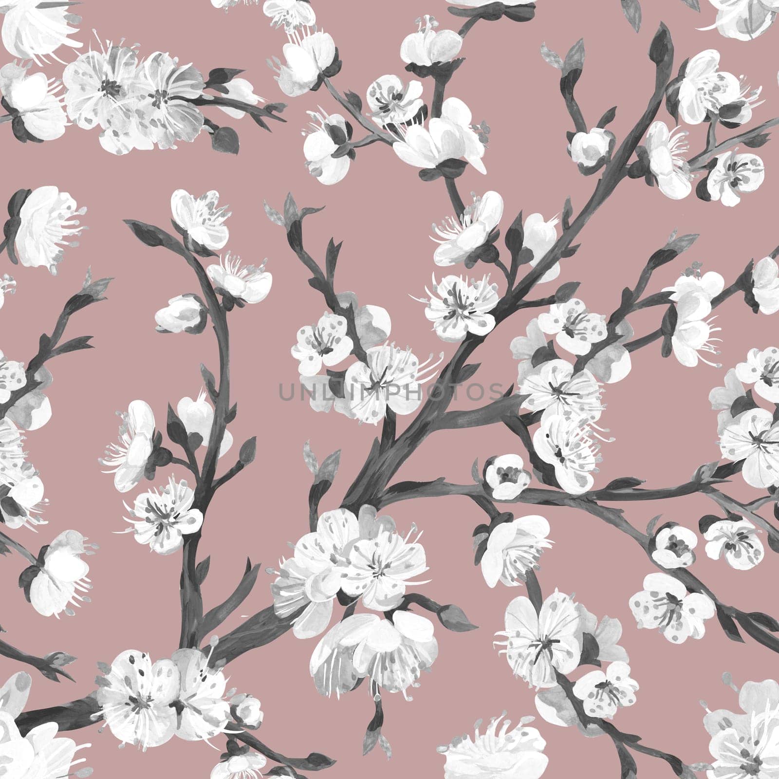 Botanical black and white seamless pattern with sakura cherry branch drawn for textile