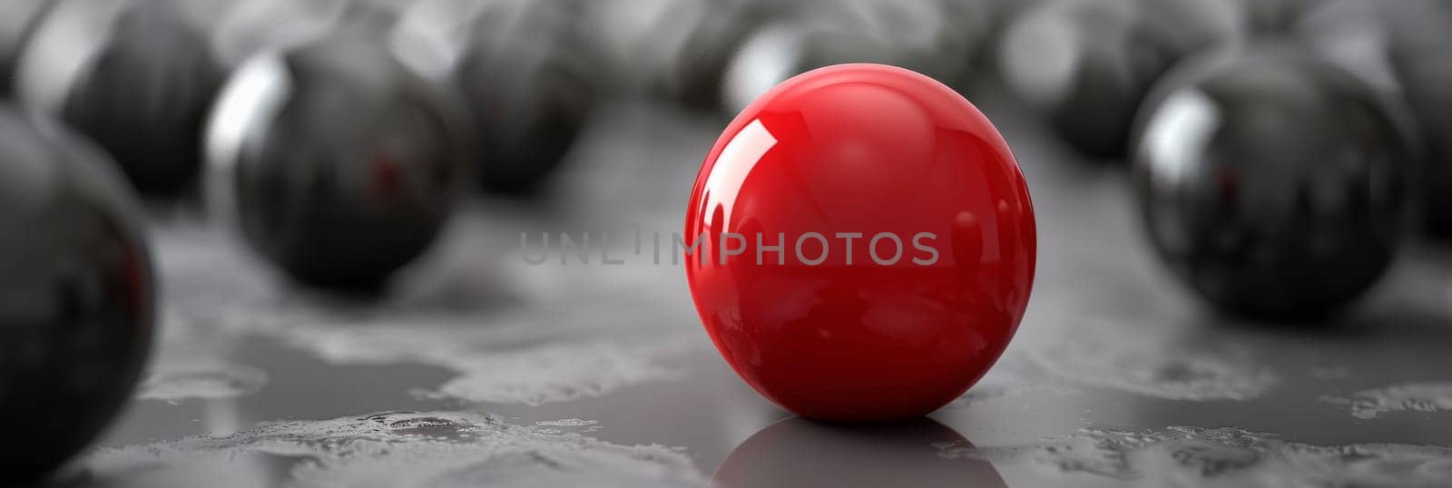 A red ball is surrounded by black spheres on a gray background