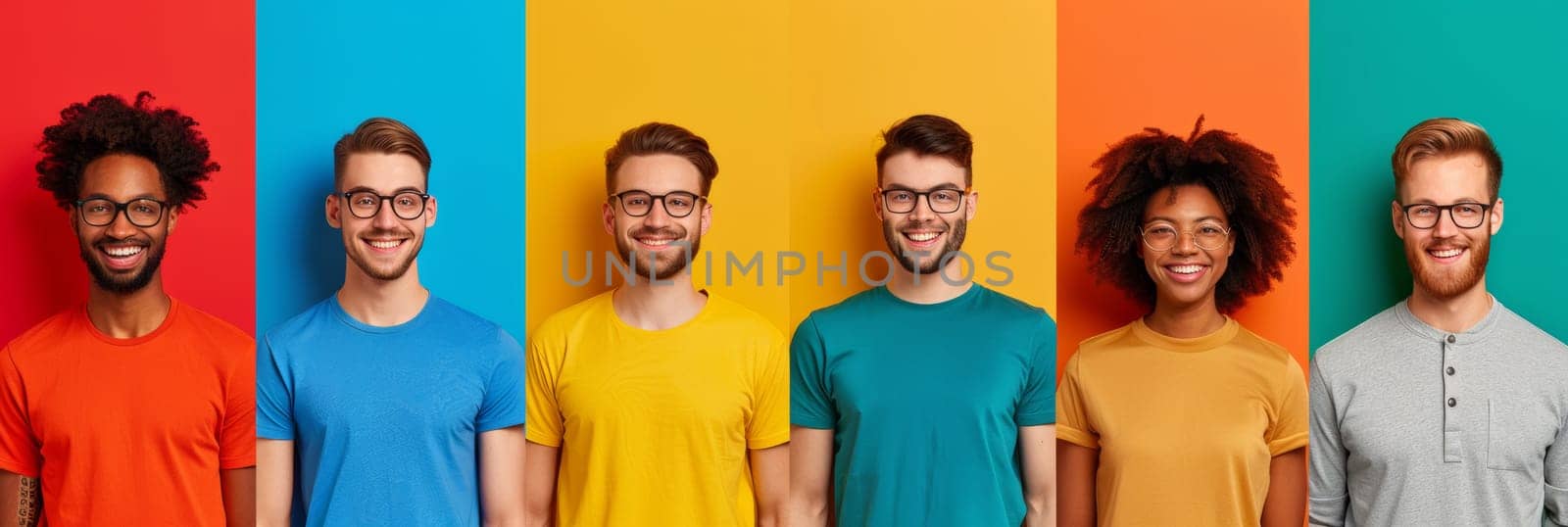 A group of people with different colored shirts and glasses
