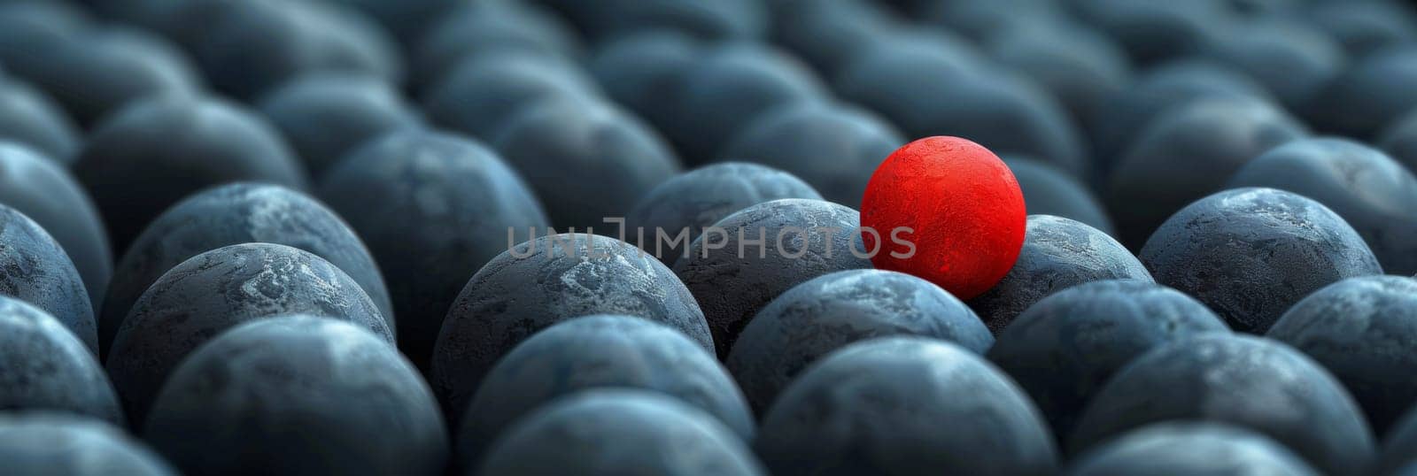 A red ball in a sea of blue stones with one stone standing out